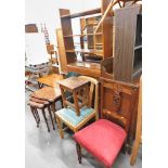 A 20thC mahogany mirror back dressing table, oak bookcase, mahogany nest of tables, cabriole back di
