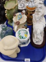 Ceramics and effects, comprising a J E Xiereb sculpture of a semi nude female, glass bottle, tea pot