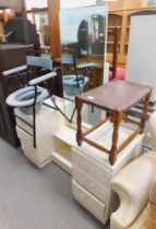 A white dressing table unit, oak stool, and commode chair. (3)