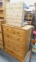 A pine chest of two short and four long drawers, and a pine and grey painted coffee table. (2)