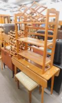 A beech drop leaf kitchen table, stool, bookcase, two wine racks, drop leaf table, cabinet, and a fo