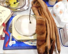 An Aynsley Broadway pattern cake plate, serving bowl, a faux fur stole, and an Aynsley Pembroke cake