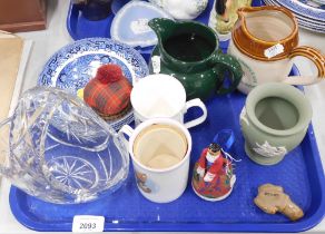 A group of ornaments, comprising Pendelfin mugs, green Wedgwood Jasperware vase, Denby frog, blue an