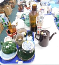 Household wares, green part tea service, cowbell, brassware, glassware, swan ornament, white tureen,