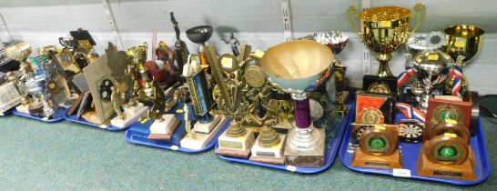 A large collection of sporting trophies, mainly for darts. (5 trays)