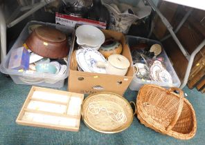 Household china and effects, stoneware bowls, cabinet plates, wicker basket, cutlery tray, hare plat