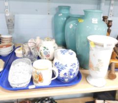 Three turquoise vases, blue and white ginger jar and cover, a Sadlers china ginger jar and cover, et