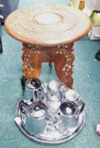A stainless steel teawares and carved table with folding base, etc. (a quantity)
