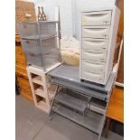 Metal office furniture, comprising office desk, three drawer storage unit, wheelie trolley, and shel