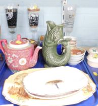 Household china, comprising three goblets, modern pink Chinese teapot, Cornwall pottery fish jug, Li