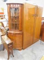 A walnut double wardrobe, corner display cabinet, and a drop leaf table. (3)