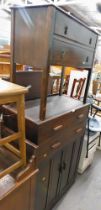 A stained oak cabinet, with two drawers and two cupboard doors, and associated dressing table. (2)