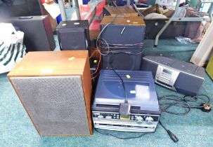 Various Hi-Fi equipment, comprising four teak cased speakers, a Steepleton model SMC585 Hi-Fi, Bush