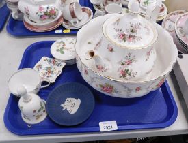 A Royal Albert lavender rose teapot, fruit bowl, Wedgwood blue Jasperware pin dish, Wedgwood pin dis