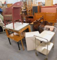 A melamine extending kitchen table, side table, hostess trolley, basket weave chair, and linen box.
