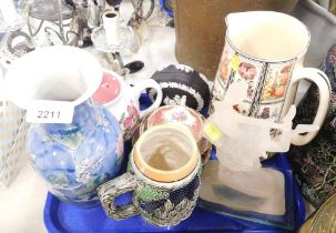 Decorative china and household wares, comprising frosted glass figure of dancers, jug, teapot, black