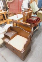 Two elm plate racks, footstool, collectors cabinet, glass television stand, drop leaf kitchen table,