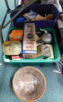 Commemorative tins, cat scratcher post, dolls, Teddy bears, etc. (2 boxes)