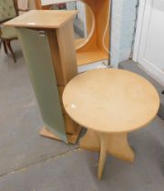 A frosted glass fronted side cabinet, and a chipboard drum table. (2)