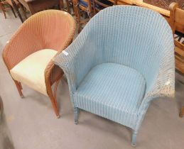 Two Lloyd Loom W Lusty and Sons painted chairs, to include one in blue and one in pink.