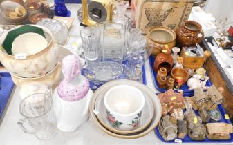 Two stoneware jars, a De Ve grinder, Lilliput Lane style cottages, decorative glassware, chamber pot