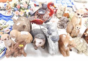 Various garden animal ornaments, to include meerkats, deer, hedgehog, bear, donkey, flamingo, cat so