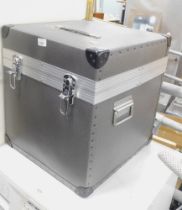 A grey metal finish flight case.