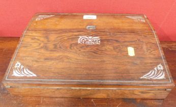 A 19thC mahogany writing slope, with mother of pearl inlay. (AF)