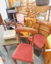 Three dining chairs, footstool, pine captain's type chair, two office chairs, four drawer black offi