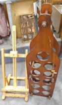 A mahogany eleven bottle wine rack, and a tabletop artist's easel. (2)