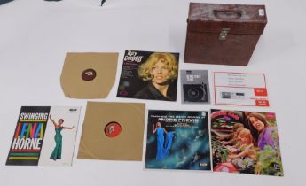 A brown leather record case and small quantity of records, to include Ray Conniff, Lena Horne, and o