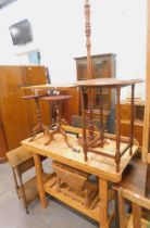 A pine work bench, standard lamp, bed table, two reproduction wine tables, side table, and a drop le