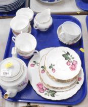 A Royal Vale rose pattern part dinner service, and a teacup with blue border. (1 tray)