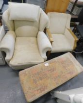 Two armchairs, and a long stool. The upholstery in this lot does not comply with the 1988 (Fire & F