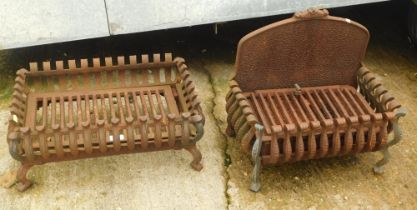 Two cast metal fire grates, one with backing 42cm high, and a rectangular basket, 47cm x 35cm. (2)