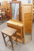 Two wall mirrors, a small pine bookcase, and an elm stool. (4)