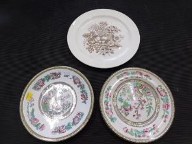 Three cabinet plates, comprising two Bridgwood T Goode and Co Indian tree pattern plates, and a Cope