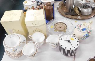 Two empty Coalport boxes, Colclough china part tea service, glass cake plate, wall clock, Masons tea