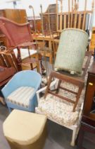 A metal standard lamp, corner whatnot, Lloyd Loom chair, Parker Knoll painted rocking chair, basket