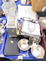 A Brocante silver plated three piece hammered serving dish, mantel clock, napkin holder, wine taster