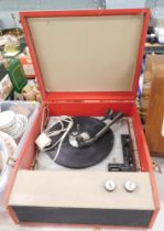 A cased record player.