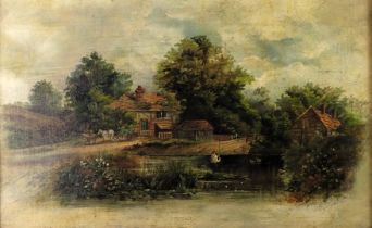 19thC British School. Figure fishing by farmhouse pool, oil on canvas, indistinctly signed, 29cm x 4