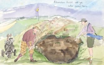 Mark Huskinson (1935-2018). Abandon Hope All Ye Who Enter Here, golfing scene, watercolour, pen and