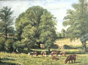 Rowland Hill (1915-1979). Country landscape with cows, oil, signed and dated 1947, 25cm x 34cm.