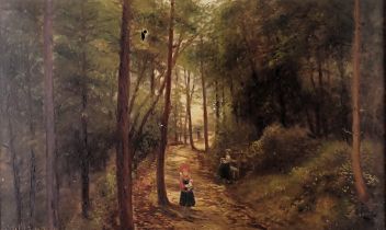 J. Williamson (19thC). Figures on woodland path, oil on canvas, 24cm x 39cm.