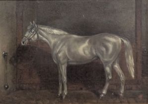 20thC School. Grey horse, interior scene, oil on board, monogrammed, 12cm x 17cm.