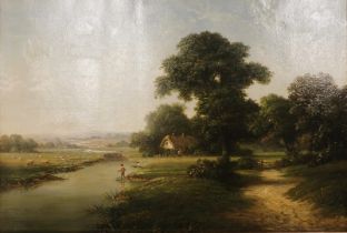 Walter Heath Williams (act.1841-c.1876). River landscape with thatched cottage, figure fishing, oil