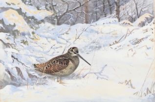 Philip Rickman (1891-1982). Woodcock in the snow, watercolour, signed and titled verso, 25cm x 37cm.