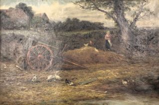Robert John Hammond (act.1879-1911). Farmyard scene with maiden, chickens, ducks, wagon, oil on canv