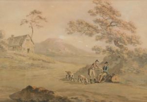 Attributed to Peter le Cave (act. 1769-1816). Huntsmen in landscape, watercolour, 21cm x 29cm.